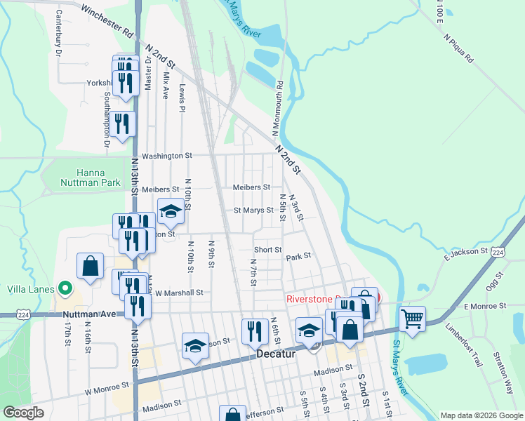 map of restaurants, bars, coffee shops, grocery stores, and more near Saint Marys Street in Decatur