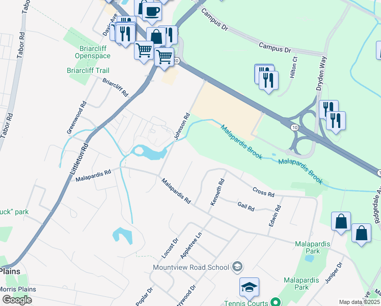 map of restaurants, bars, coffee shops, grocery stores, and more near 18 White Birch Drive in Morris Plains