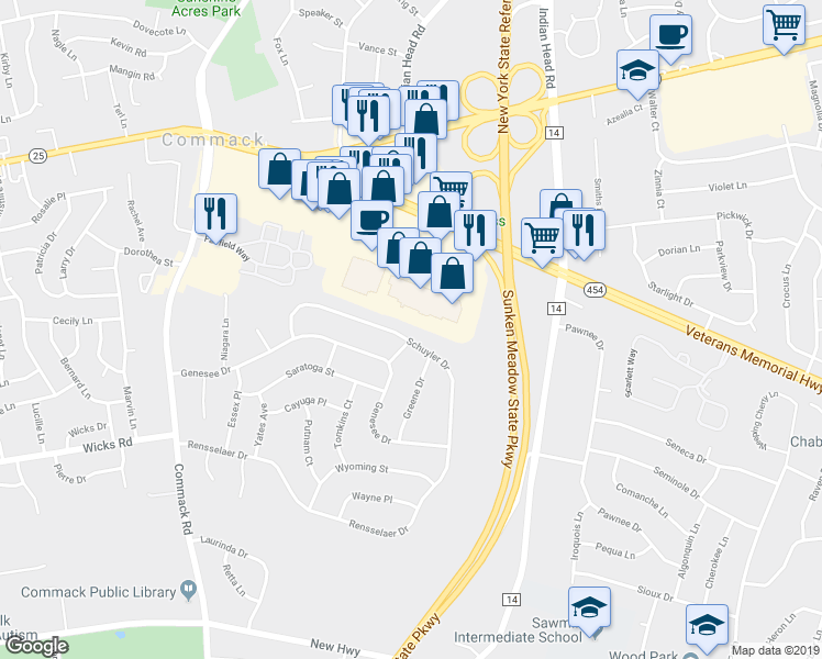 map of restaurants, bars, coffee shops, grocery stores, and more near 46 Schuyler Drive in Commack