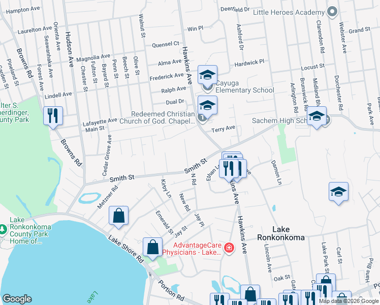 map of restaurants, bars, coffee shops, grocery stores, and more near 17 Lido Boulevard in Lake Grove