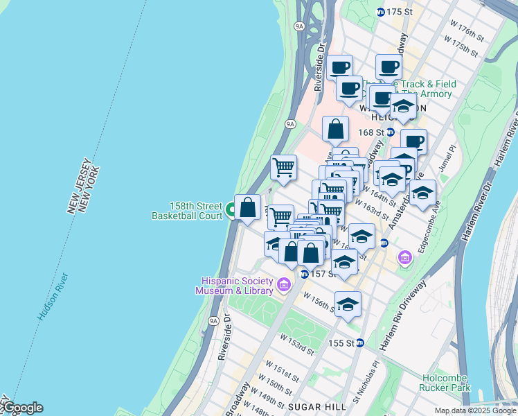 map of restaurants, bars, coffee shops, grocery stores, and more near 884 Riverside Drive in New York