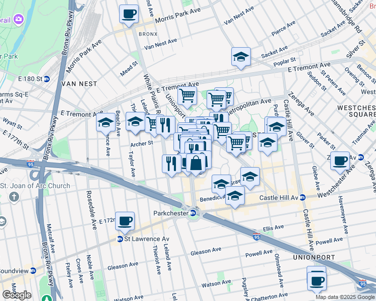 map of restaurants, bars, coffee shops, grocery stores, and more near 1499 West Avenue in The Bronx