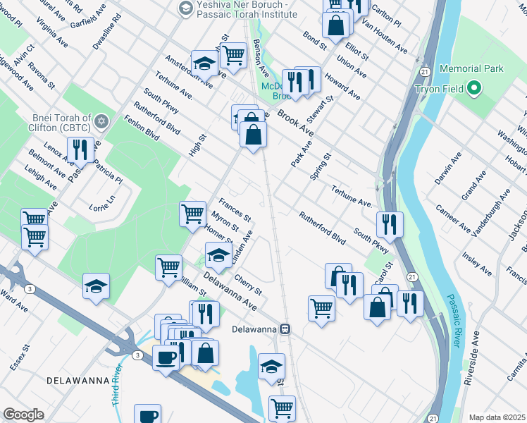 map of restaurants, bars, coffee shops, grocery stores, and more near 31 Spruce Court in Clifton
