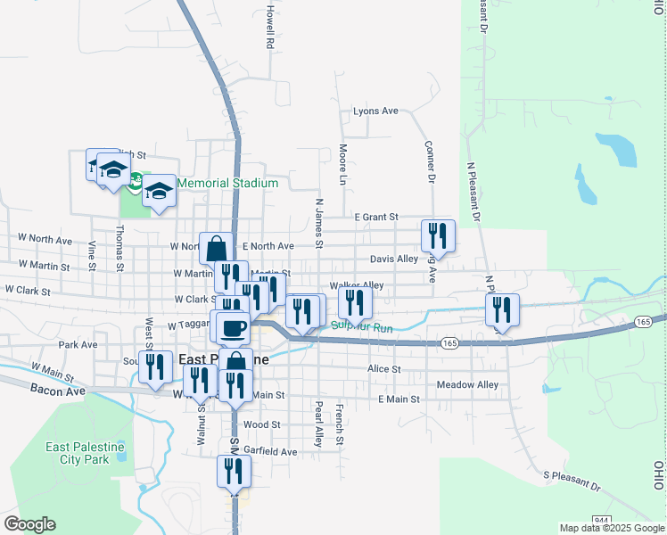 map of restaurants, bars, coffee shops, grocery stores, and more near 266 East Martin Street in East Palestine
