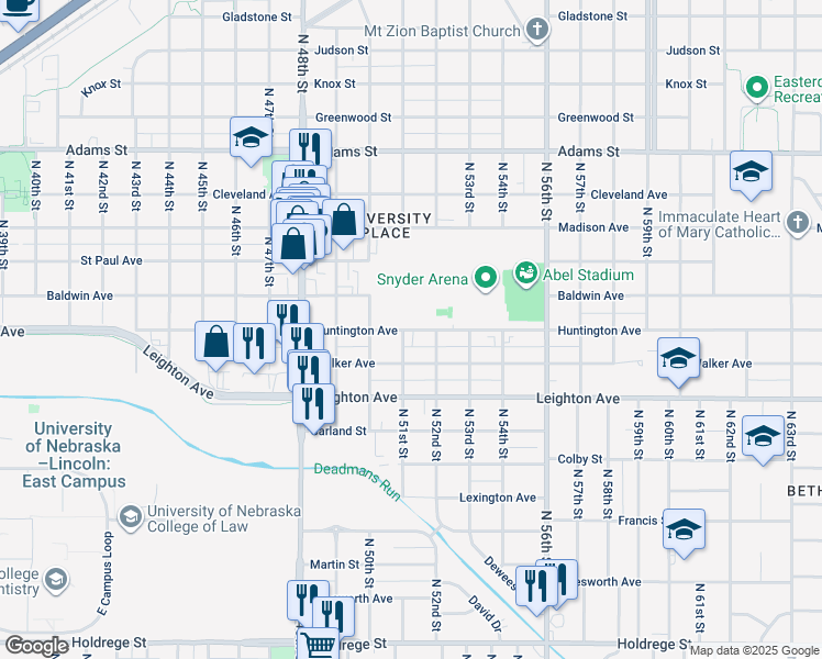 map of restaurants, bars, coffee shops, grocery stores, and more near 5100 Huntington Avenue in Lincoln