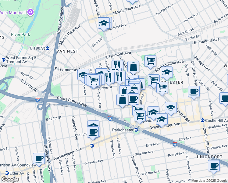 map of restaurants, bars, coffee shops, grocery stores, and more near 1477 Leland Avenue in Bronx