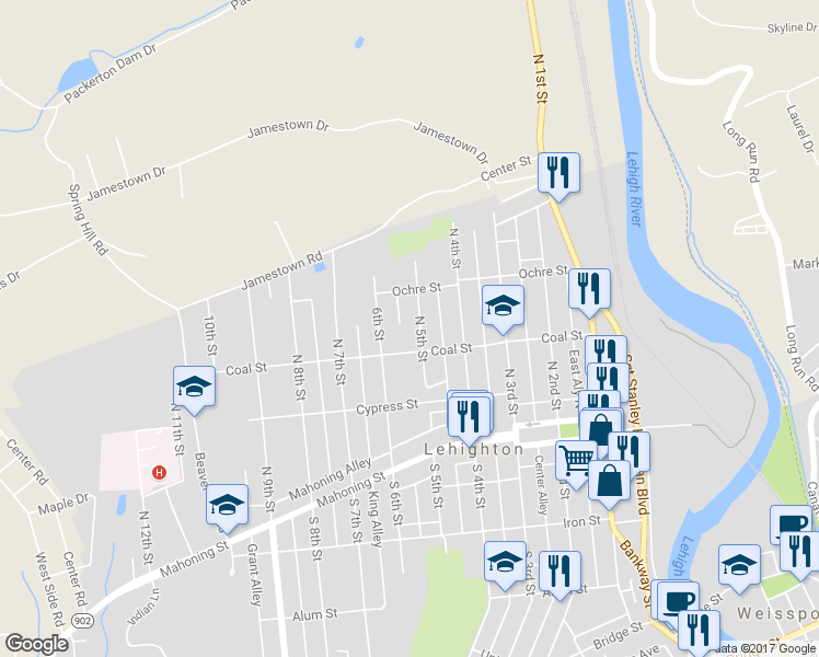 map of restaurants, bars, coffee shops, grocery stores, and more near 324 North 5th Street in Lehighton