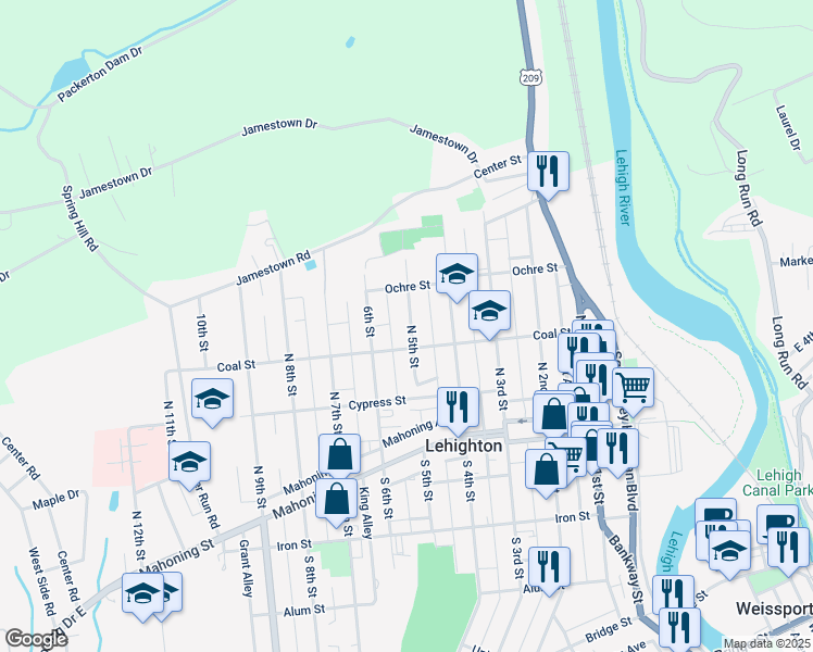 map of restaurants, bars, coffee shops, grocery stores, and more near 324 North 5th Street in Lehighton