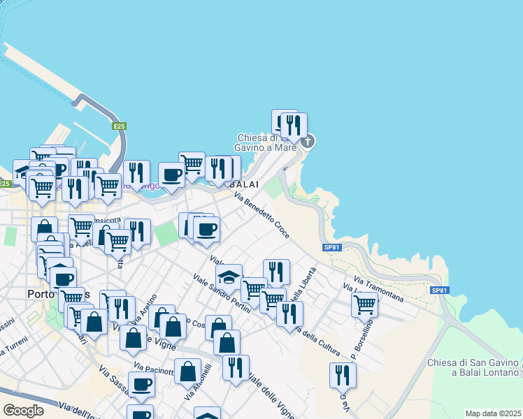 map of restaurants, bars, coffee shops, grocery stores, and more near 13 Via Benedetto Croce in Porto Torres