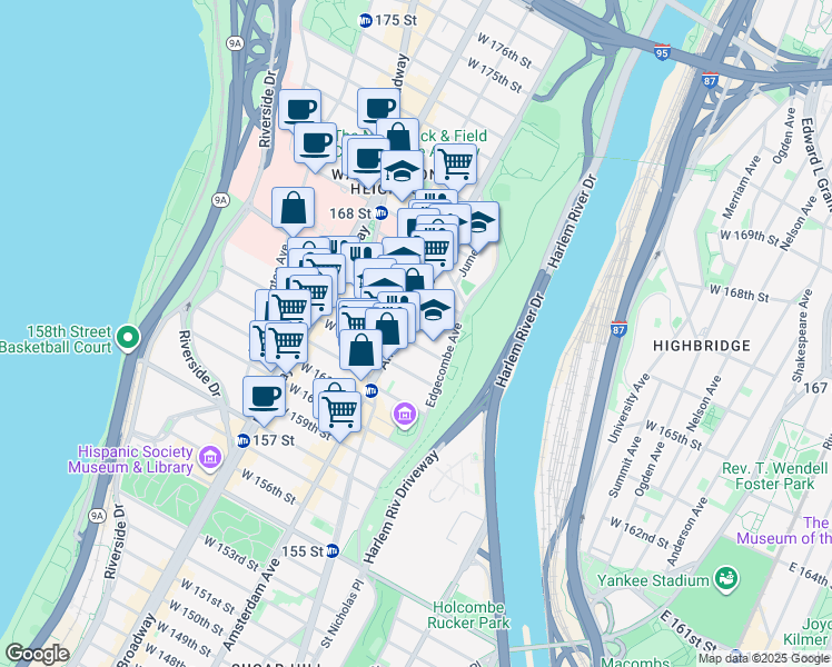 map of restaurants, bars, coffee shops, grocery stores, and more near 484 West 165th Street in New York