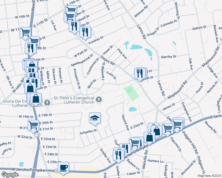map of restaurants, bars, coffee shops, grocery stores, and more near 148 East 17th Street in Huntington Station