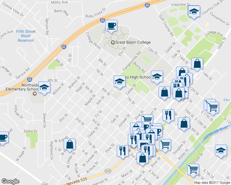 map of restaurants, bars, coffee shops, grocery stores, and more near 1055 7th Street in Elko