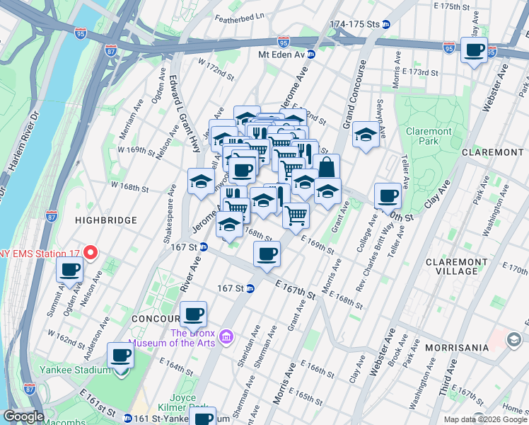 map of restaurants, bars, coffee shops, grocery stores, and more near 108 East Clarke Place in Bronx