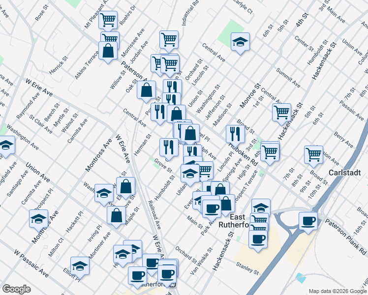 map of restaurants, bars, coffee shops, grocery stores, and more near 56 Clinton Place in East Rutherford
