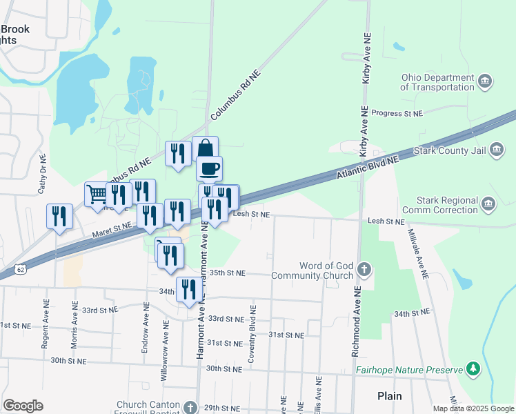 map of restaurants, bars, coffee shops, grocery stores, and more near 3533 Lesh Street Northeast in Canton