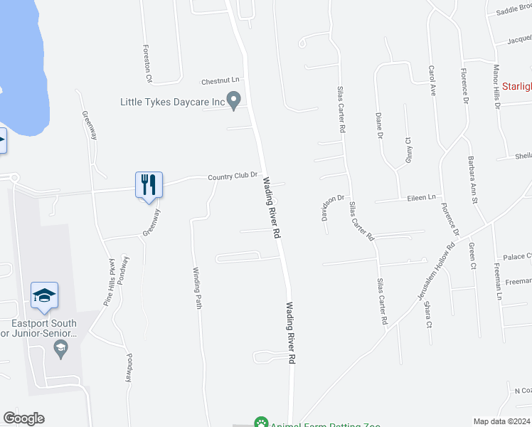 map of restaurants, bars, coffee shops, grocery stores, and more near 162 Wading River Road in Manorville