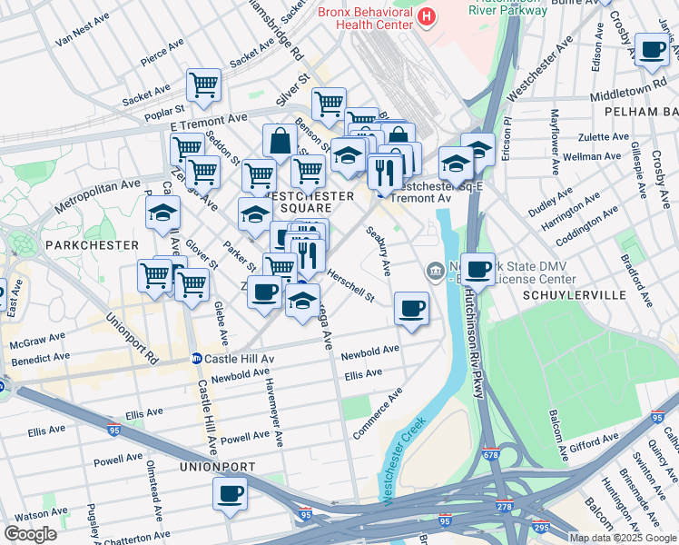 map of restaurants, bars, coffee shops, grocery stores, and more near 1364 Herschell Street in Bronx