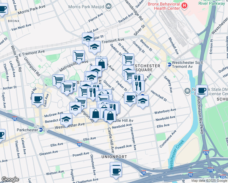map of restaurants, bars, coffee shops, grocery stores, and more near 1551 Glover Street in Bronx