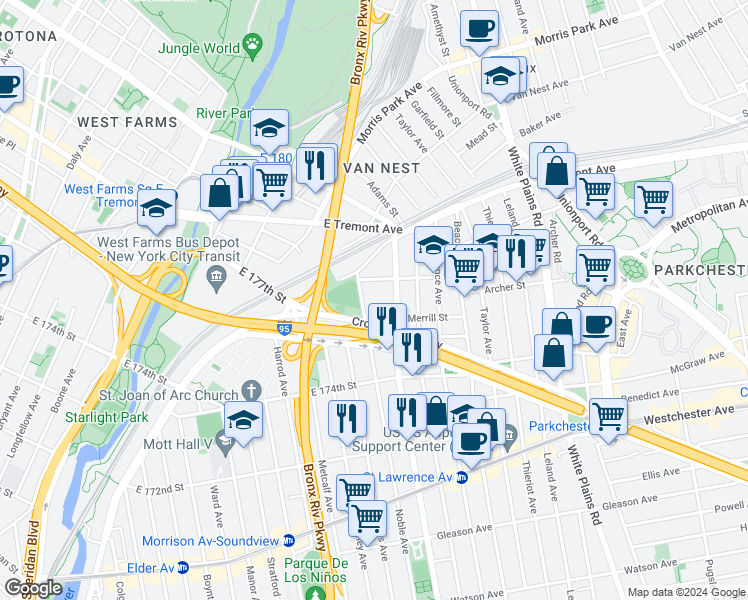 map of restaurants, bars, coffee shops, grocery stores, and more near 1491 Rosedale Avenue in Bronx