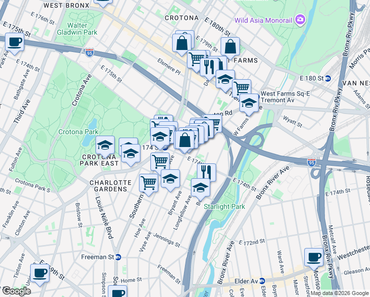 map of restaurants, bars, coffee shops, grocery stores, and more near in The Bronx