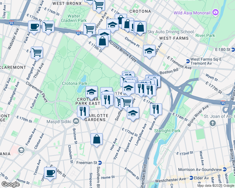 map of restaurants, bars, coffee shops, grocery stores, and more near 1680 Crotona Park East in Bronx