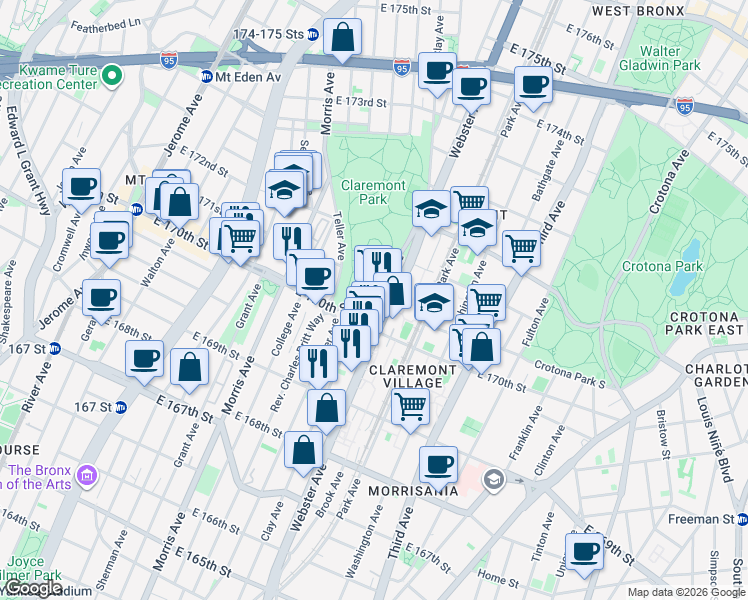 map of restaurants, bars, coffee shops, grocery stores, and more near 1402 Clay Avenue in The Bronx