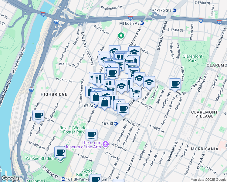 map of restaurants, bars, coffee shops, grocery stores, and more near 31 East 169th Street in Bronx