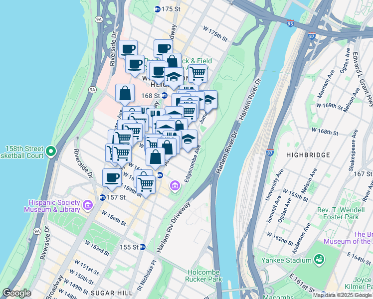 map of restaurants, bars, coffee shops, grocery stores, and more near 484 West 165th Street in New York