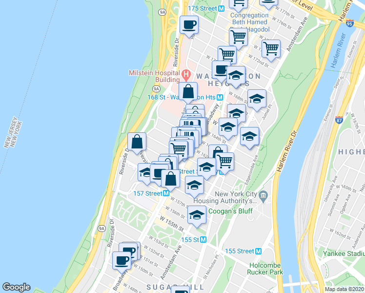 map of restaurants, bars, coffee shops, grocery stores, and more near 66 Fort Washington Avenue in New York