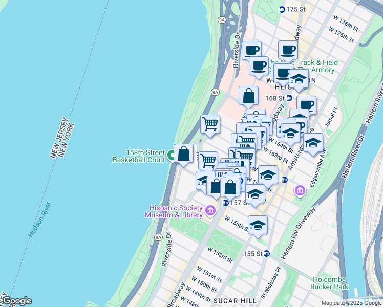 map of restaurants, bars, coffee shops, grocery stores, and more near 884 Riverside Drive in New York