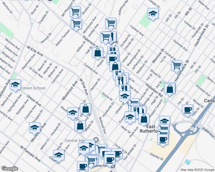 map of restaurants, bars, coffee shops, grocery stores, and more near 74 Mozart Street in East Rutherford