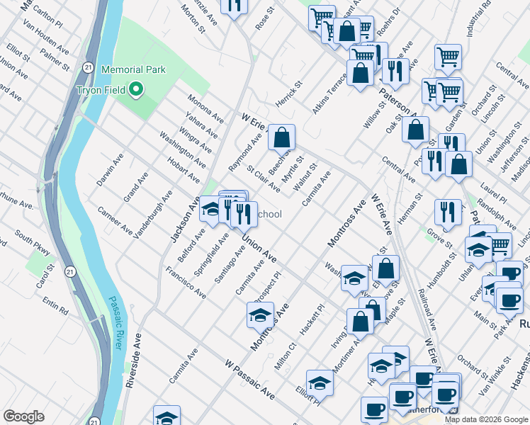 map of restaurants, bars, coffee shops, grocery stores, and more near 15 Sunderland Avenue in Rutherford
