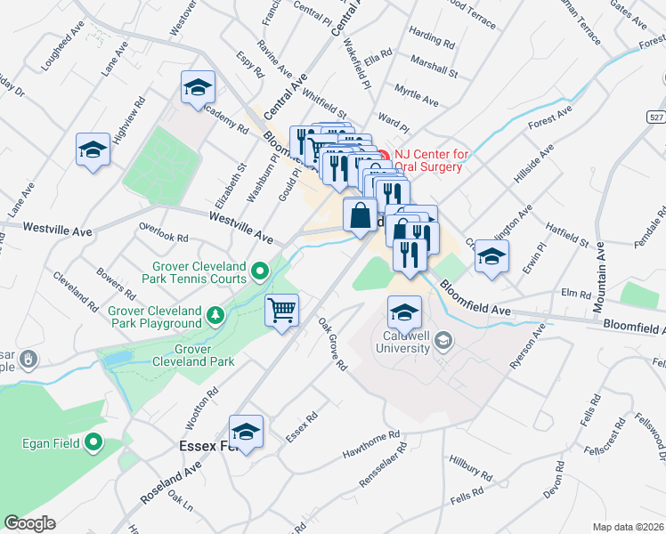 map of restaurants, bars, coffee shops, grocery stores, and more near 63 Roseland Avenue in Caldwell