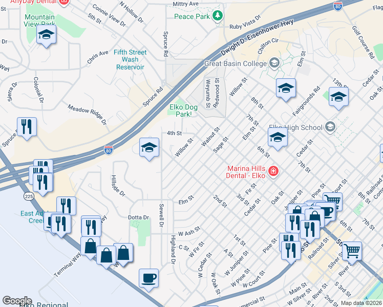 map of restaurants, bars, coffee shops, grocery stores, and more near 300 Willow Street in Elko