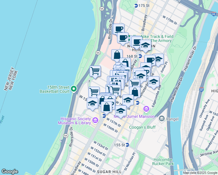 map of restaurants, bars, coffee shops, grocery stores, and more near 64 Fort Washington Avenue in New York