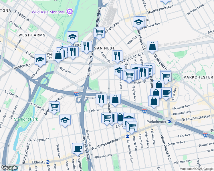 map of restaurants, bars, coffee shops, grocery stores, and more near 1491 Rosedale Avenue in Bronx
