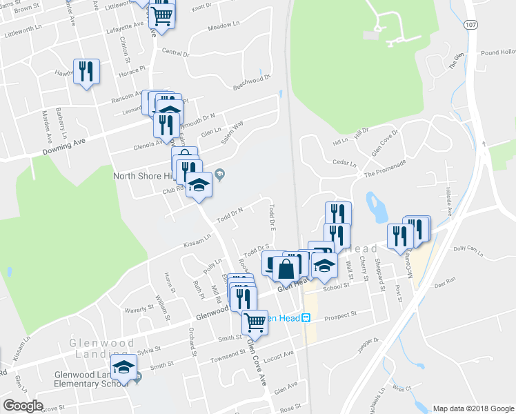 map of restaurants, bars, coffee shops, grocery stores, and more near 58 Todd Drive North in Glen Head