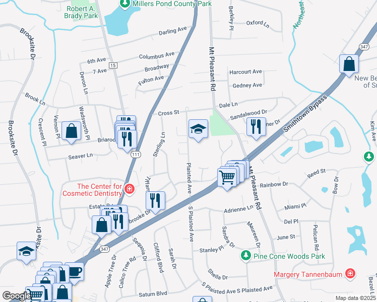 map of restaurants, bars, coffee shops, grocery stores, and more near 33 Plaisted Avenue in Smithtown