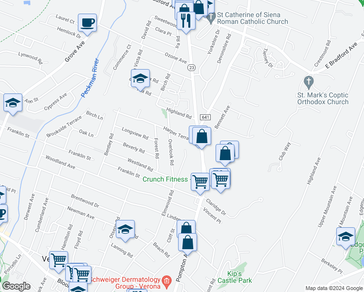 map of restaurants, bars, coffee shops, grocery stores, and more near 90 Elmwood Road in Cedar Grove