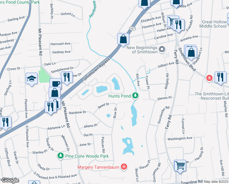 map of restaurants, bars, coffee shops, grocery stores, and more near 231 Pond View Lane in Smithtown