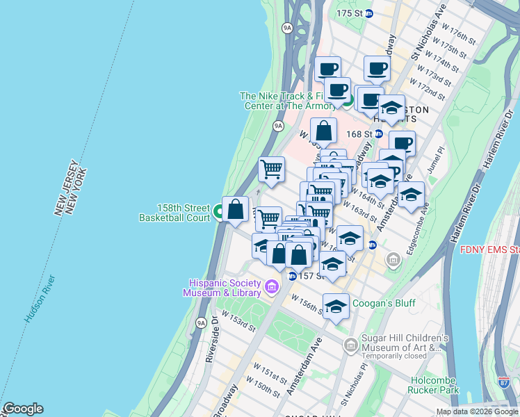 map of restaurants, bars, coffee shops, grocery stores, and more near Riverside Dr & W 160th St in New York