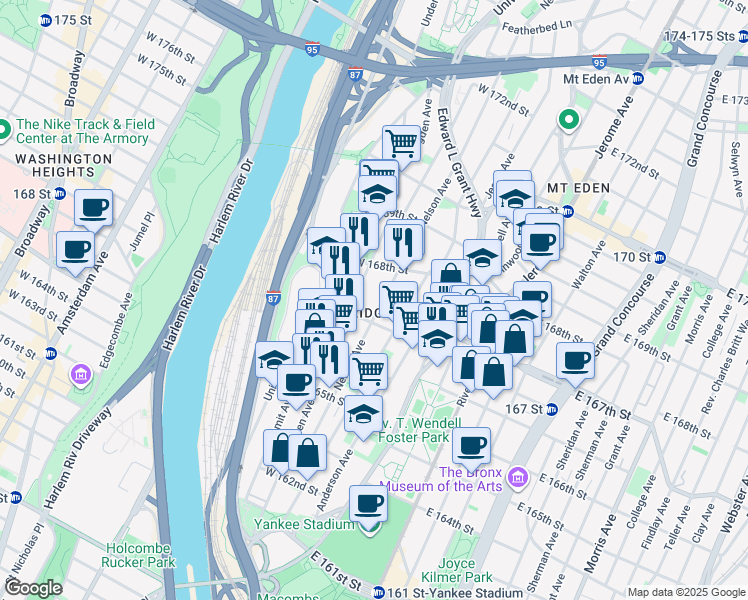 map of restaurants, bars, coffee shops, grocery stores, and more near 1181 Nelson Avenue in Bronx