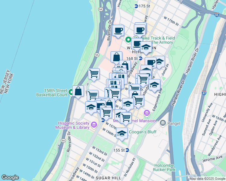 map of restaurants, bars, coffee shops, grocery stores, and more near 604 West 162nd Street in New York