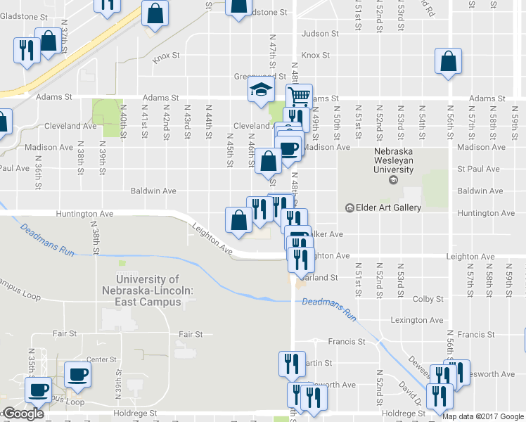 map of restaurants, bars, coffee shops, grocery stores, and more near 4626 Huntington Avenue in Lincoln