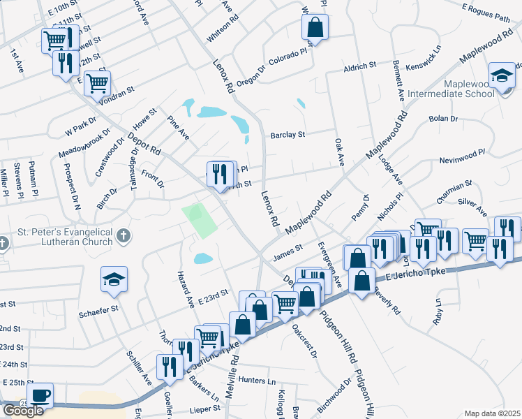 map of restaurants, bars, coffee shops, grocery stores, and more near 445 Lenox Road in Huntington Station