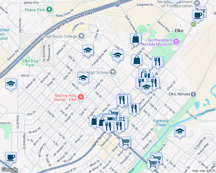map of restaurants, bars, coffee shops, grocery stores, and more near 776 8th Street in Elko