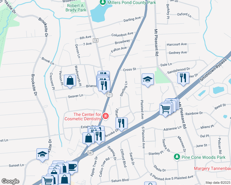 map of restaurants, bars, coffee shops, grocery stores, and more near 355 New York 111 in Smithtown