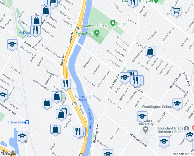 map of restaurants, bars, coffee shops, grocery stores, and more near 40 Hastings Avenue in Rutherford