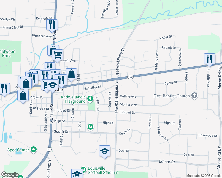 map of restaurants, bars, coffee shops, grocery stores, and more near 211 South Nickelplate Street in Louisville