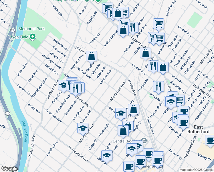 map of restaurants, bars, coffee shops, grocery stores, and more near 115 Morse Avenue in Rutherford